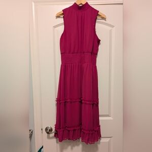 Sleeveless High-Neck Midi Dress in Fuchsia with Smocked Waist